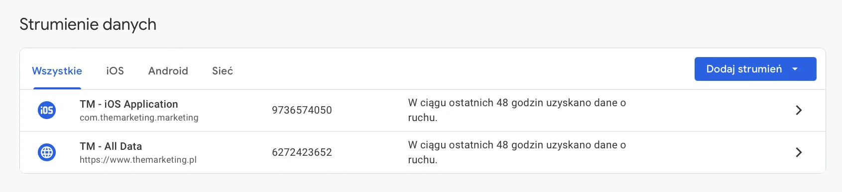 strumienie danych w ramach usługi Google Analytics